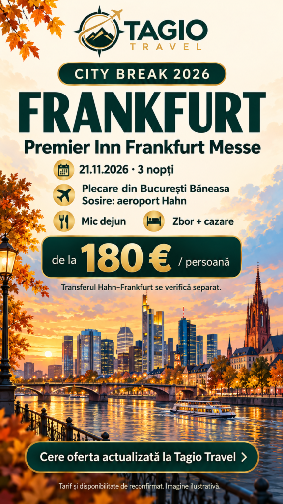 City break Frankfurt, 21 noiembrie 2026, 3 nopți, zbor și cazare cu mic dejun, de la 180 euro/persoană. Tarif și disponibilitate de reconfirmat.