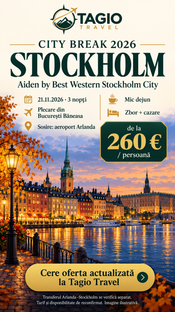 City break Stockholm, 21 noiembrie 2026, 3 nopți, zbor și cazare cu mic dejun, de la 260 euro/persoană. Tarif și disponibilitate de reconfirmat.